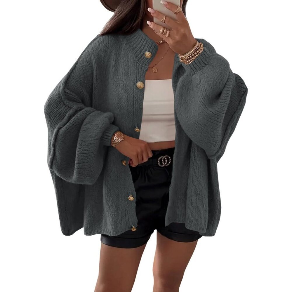 Women's  Dark Gray Oversized Cardigans Button Down Chunky Fall Sweater Coats